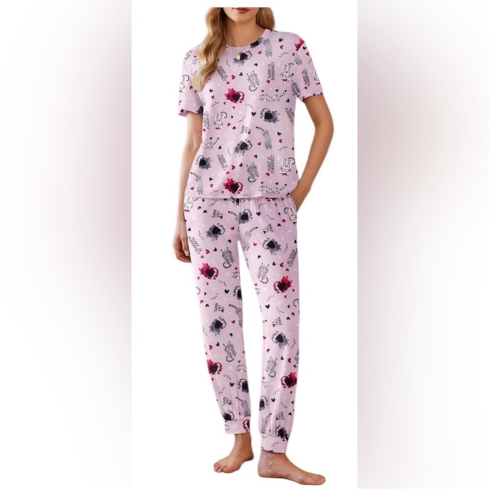 Ekouaer  Women's 2 piece Pajama Set pink and gray cat and heart print 2x NWT